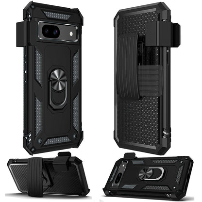 For Google Pixel 9A Hybrid Combo Belt Clip Holster with Ring Stand Holder, Military Grade Fit Magnetic Car Mount Shockproof Case Cover Black