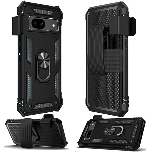 For Google Pixel 9A Hybrid Combo Belt Clip Holster with Ring Stand Holder, Military Grade Fit Magnetic Car Mount Shockproof Case Cover Black