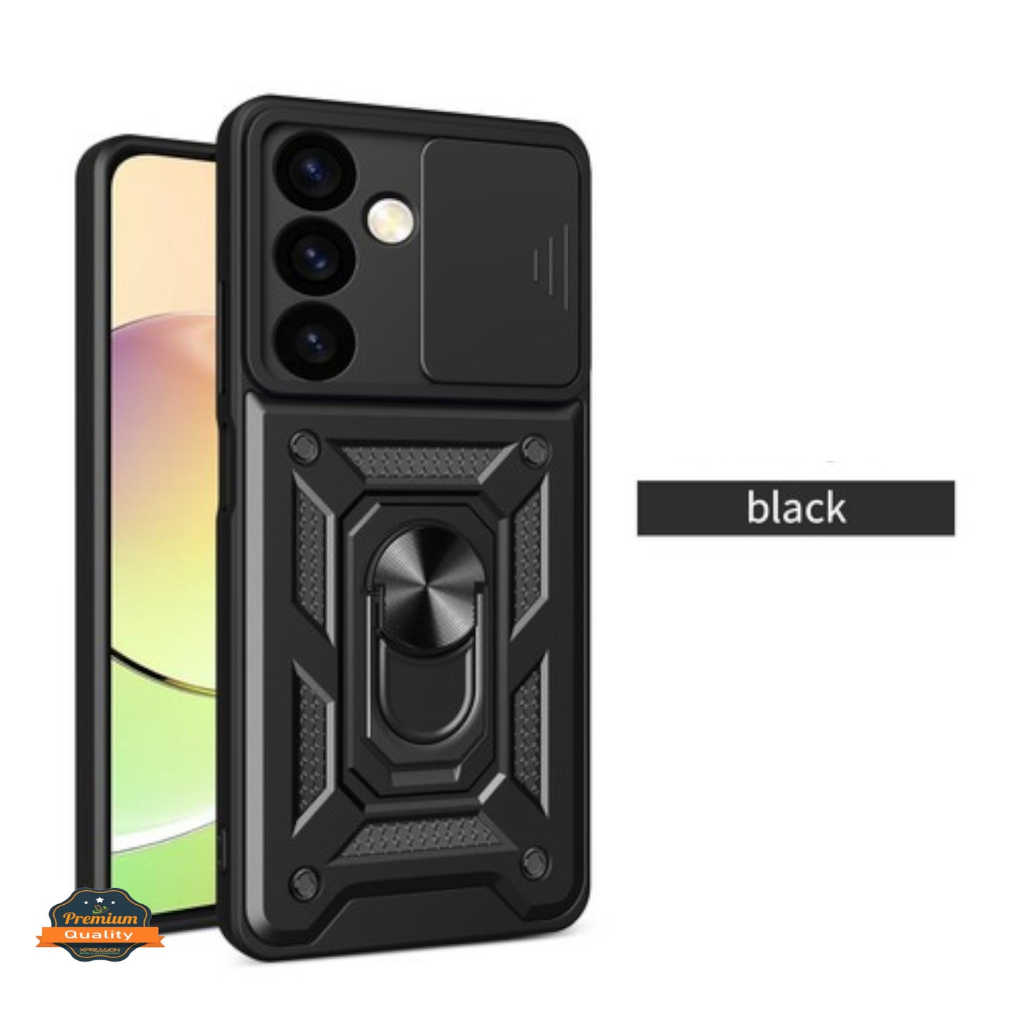For Samsung Galaxy A37 5G Hybrid Shockproof, Built-in Sliding Camera Lens Protection with Magnetic Finger Ring Stand Holder Case Cover