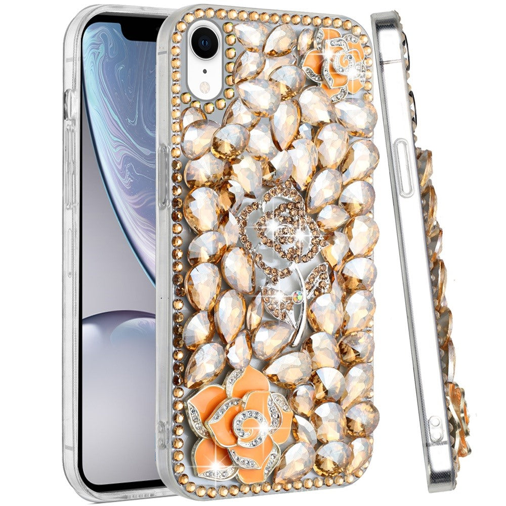 Phone Case for Apple iPhone XR 3D Floral Diamond Bling Glitter Luxury Sparkle Hybrid Stylish Rhinestone Shockproof Protective Designer Cover Gold