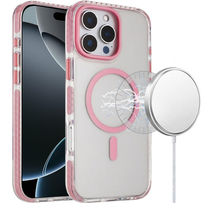 For Apple iPhone 17 Pro Max Transparent Hybrid with Color-Matched Magnetic Circle, Rubber TPU Frame Hard PC Shockproof Case Cover Pink