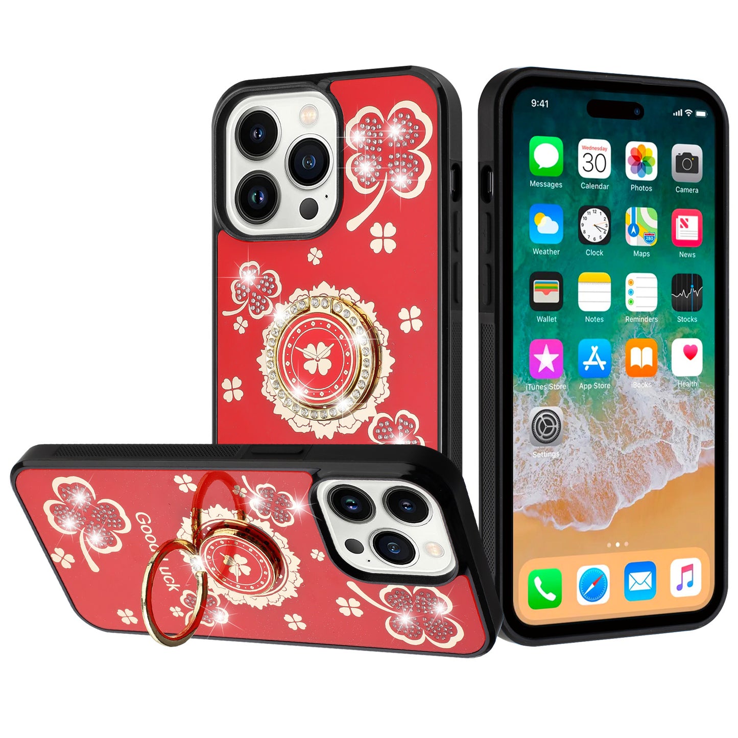 For iPhone 16 (6.1") Diamonds 3D Fashion Floral Bling Sparkly Glitter Ornaments Engraving Hybrid with Ring Stand Case Cover Good Luck Floral Red