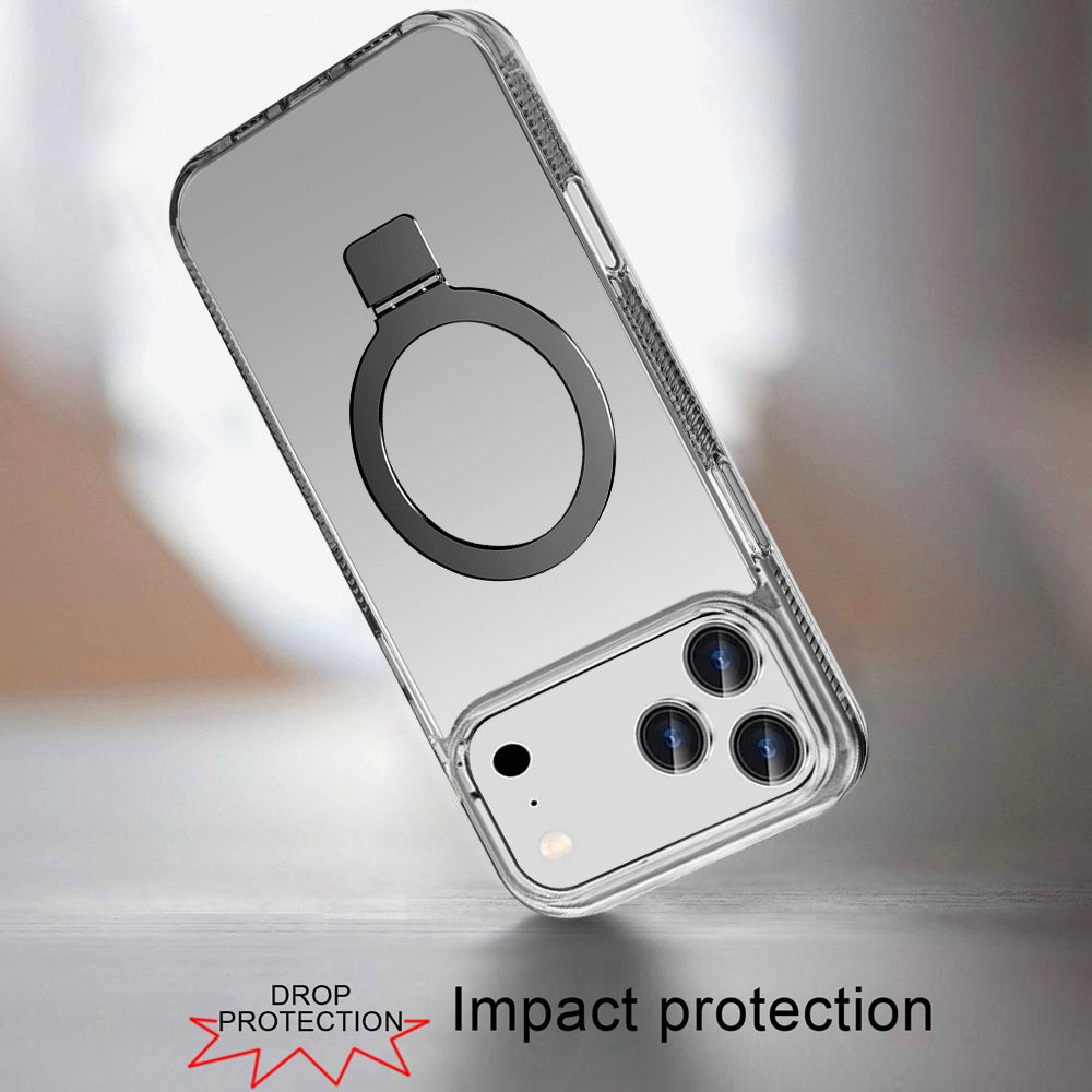 Phone Case for Apple iPhone 17 Pro Max (6.9") Transparent Dotted Edge Magnetic Ring Stand Shockproof Hybrid Grip Kickstand Clear Rugged Drop Protection Cover Black