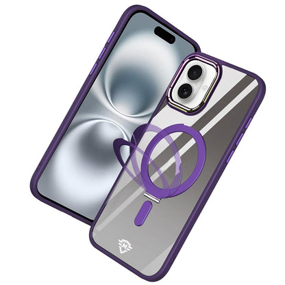For Apple iPhone 16 Plus Magnetic Ring Stand Hybrid MagSafe Compatible Shockproof Protection Transparent Back Alloy Chrome Grip Case Cover Dark Purple