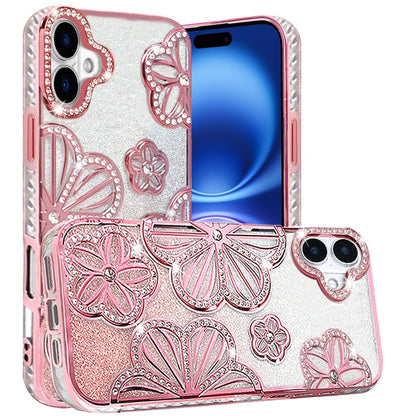 For Apple iPhone 17 (6.3") Luxury Flower Design Sparkle Glitter Diamond Rhinestone Shimmer Bling Plating Thick TPU Hard PC Case Cover