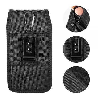 For Apple iPhone 16 (6.1") Universal Pouch Case Vertical Phone Holster Durable Nylon Cover with Belt Clip Loop, Velcro & Hook Carabiner [Black]