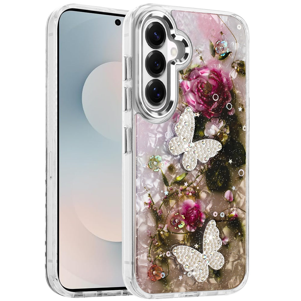 For Samsung Galaxy S26 Epoxy Glitter Flowers Bling 3D Butterfly Fashion TPU Hybrid with Shockproof Protection Case Cover