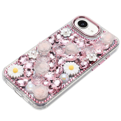 For Apple iPhone 17E /16E Fashion Daisy Floral Series, Full 3D Bling Crystal Diamonds Sparkling Rhinestone Glitter Hybrid Design Case Cover