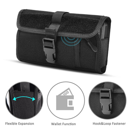 For Apple iPhone 16 Pro (6.3") Universal Phone Holder Horizontal Nylon Pouch [Front Buckle & Zipper Compartment] with Belt Clip Holster Loops, XL Screen Size 6.3" [Black]