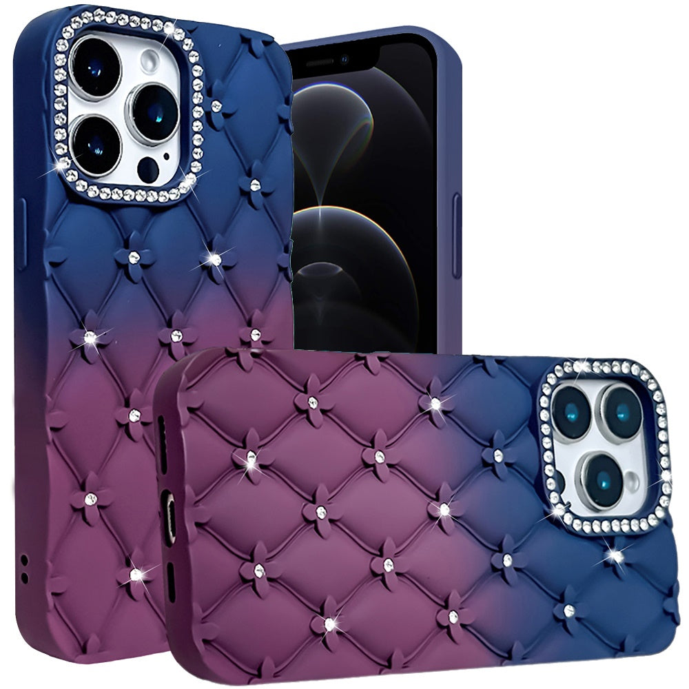 For Apple iPhone 12 Pro Max Fashion Flower Design Sparkle Glitter Shimmer Rhinestone Bling Floral Accents, Leather Texture TPU Case Cover
