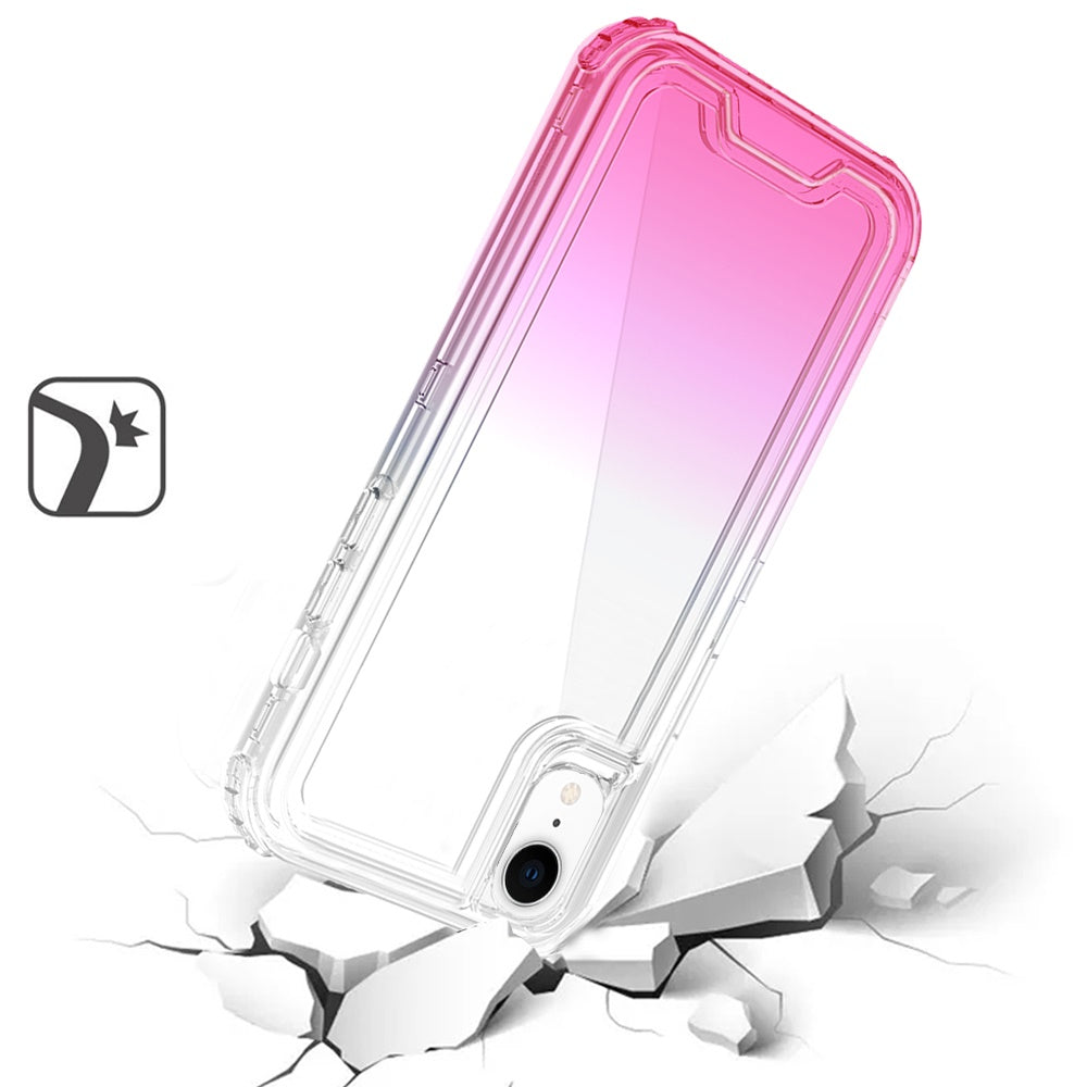 For iPhone XR Hybrid 3-in-1 Clear Case - Two-Tone Transparent Shockproof TPU + Hard Protective Frame Case Cover Clear+Pink