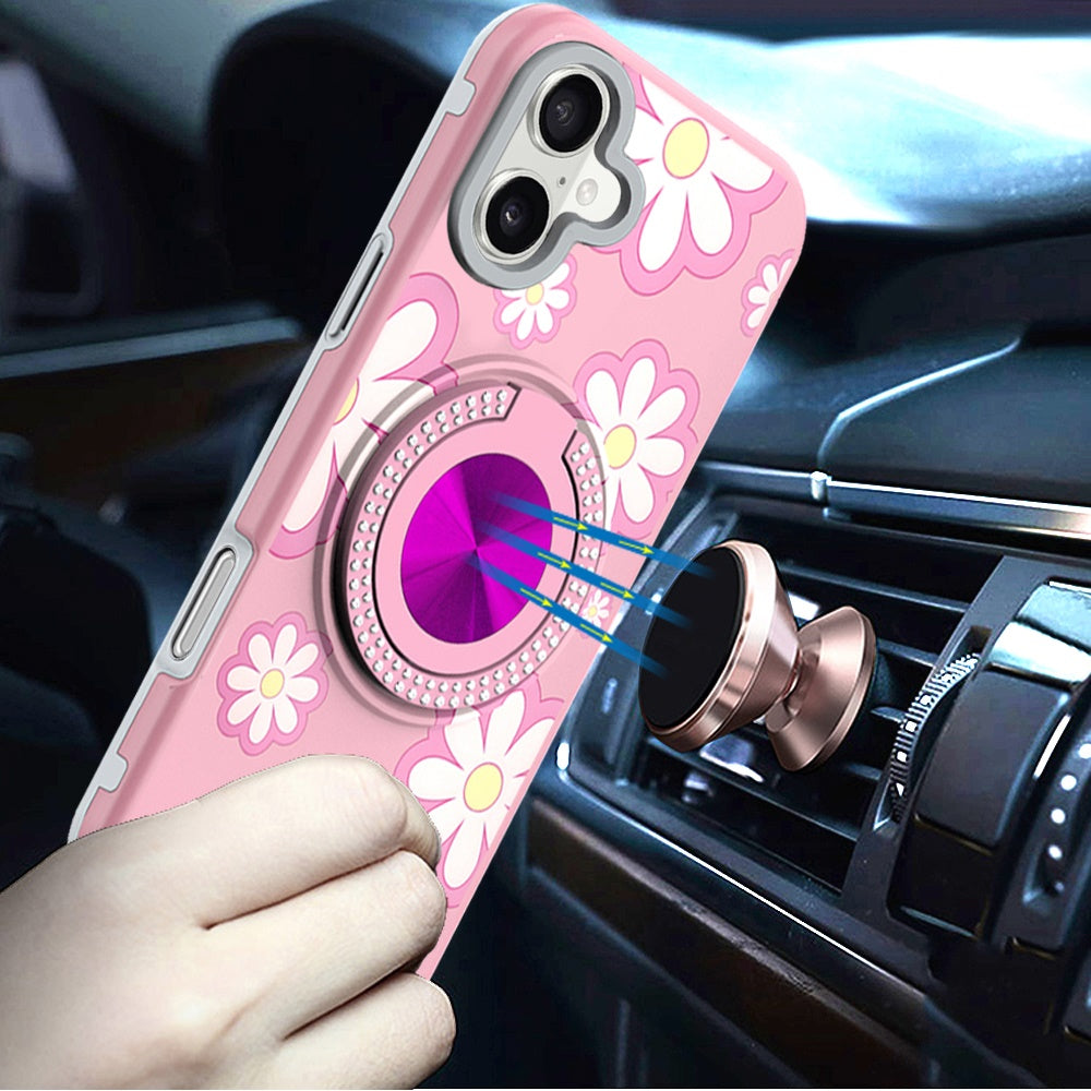 For Apple iPhone 17 (6.3") Pattern Design Hybrid with Invisible Ring Stand & Magnetic Back, Shockproof Protective Grip Case Cover Pink Daisy Flower