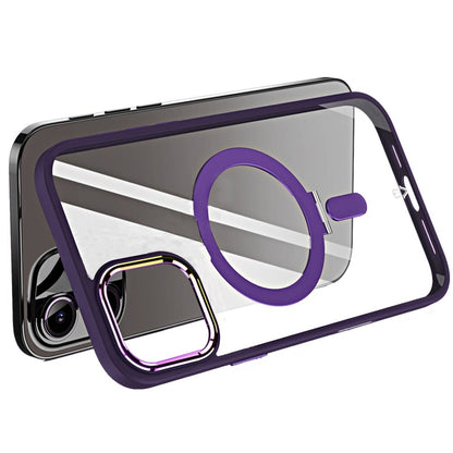 For Apple iPhone 16 Plus Magnetic Ring Stand Hybrid MagSafe Compatible Shockproof Protection Transparent Back Alloy Chrome Grip Case Cover Dark Purple