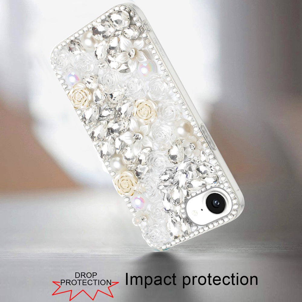 For Apple iPhone 17E /16E Fashion Rose Flower Floral Bling Crystal 3D Full Diamonds Pearl Sparkle Rhinestone Glitter Hybrid Case Cover