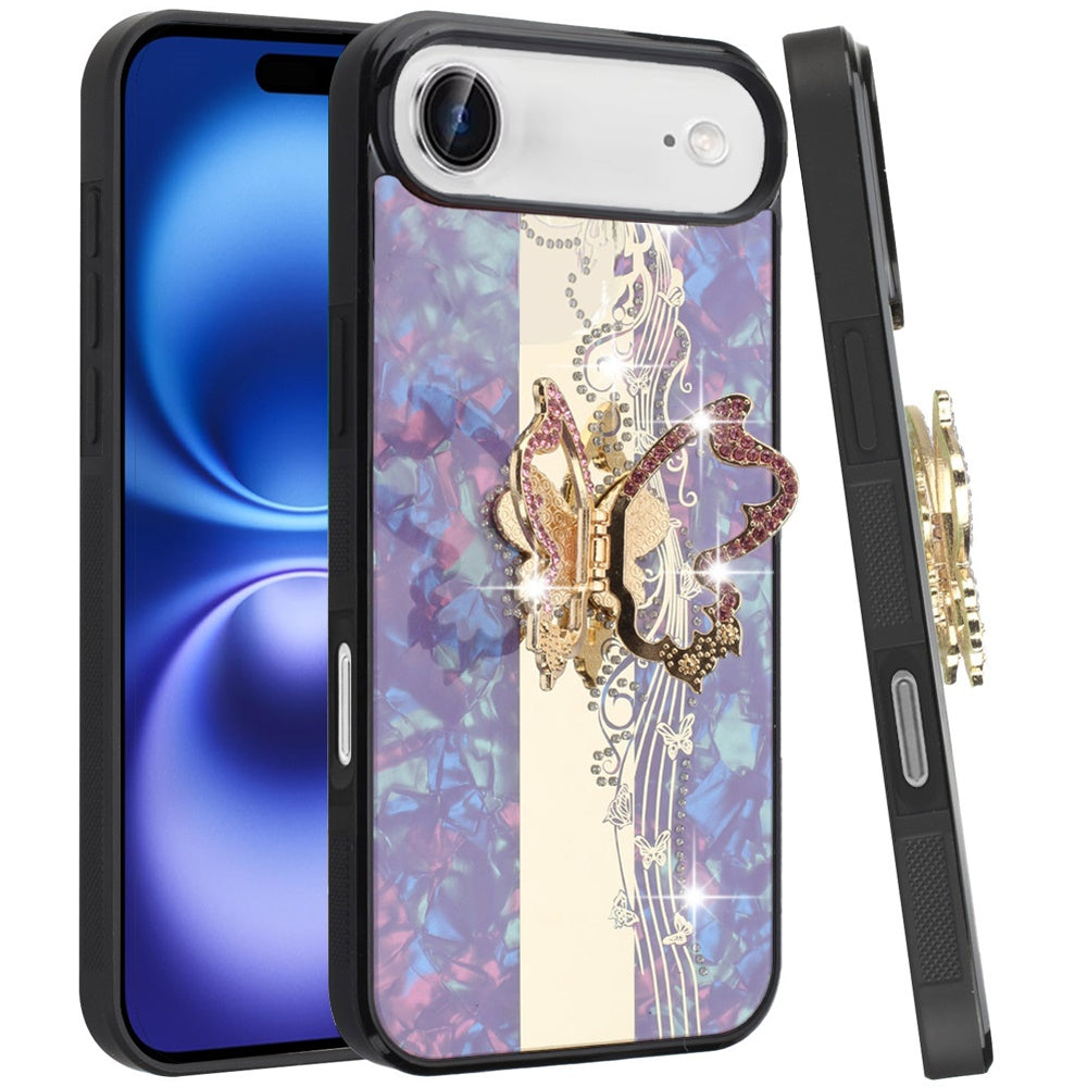 For Apple iPhone 17 Air (6.6") Diamonds 3D Fashion Bling Sparkly Glitter Ornaments Engraving Hybrid with Ring Stand Case Cover