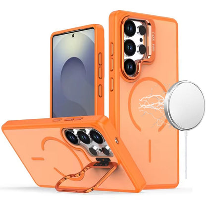 For Samsung Galaxy S25 Ultra Magnetic Matte Metal Camera Stand Hybrid Drop Protection Durable Shockproof Slim Fit Design Case Cover Cosmic Orange