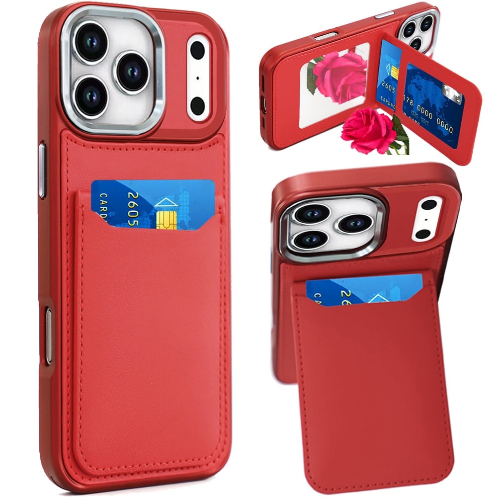 For Apple iPhone 17 Pro (6.3") PU Leather Wallet Cover with Credit Card Holder, Kickstand & Mirror Inside Slim Fit TPU & PC Hybrid Design Case Cover