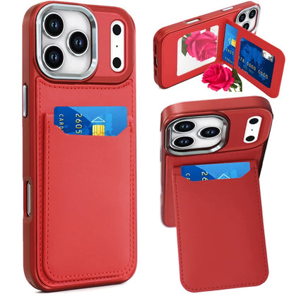 For Apple iPhone 17 Pro (6.3") PU Leather Wallet Cover with Credit Card Holder, Kickstand & Mirror Inside Slim Fit TPU & PC Hybrid Design Case Cover