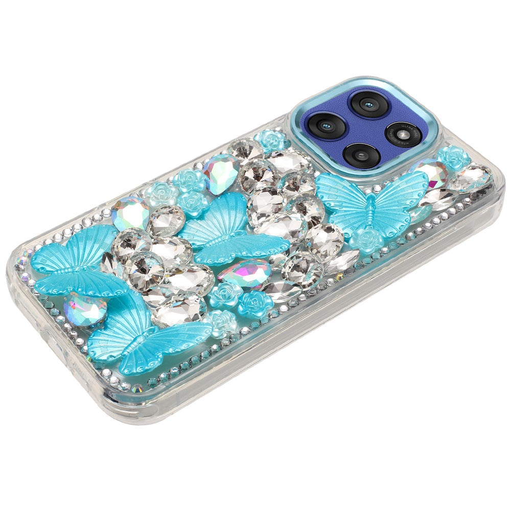 For Motorola Moto G 5G 2025 3D Diamond Floral Butterfly Bling Stone Hybrid, Sparkly Rhinestone Gemstone Back Shockproof Case Cover