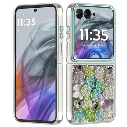For Motorola Razr 2025 /2024 Muti-Color Floral Fashion Bling Crystal 3D Full Diamonds Stones Sparkle Rhinestone Glitter Hybrid Case Cover Green