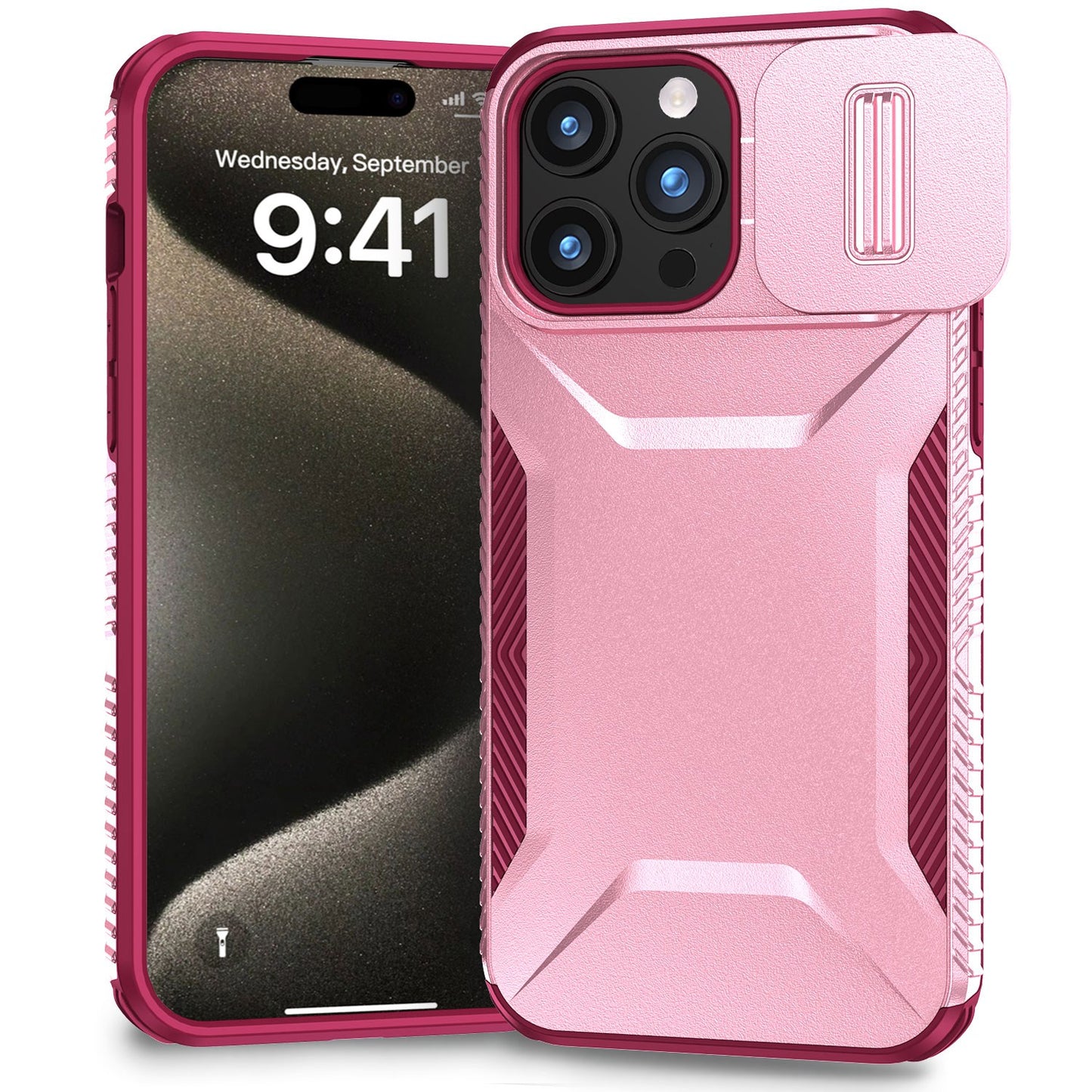 For Apple iPhone 16 Plus Slim Fit Shockproof Hybrid with Slide Camera Window Covering, Rugged Tpu Silicone Hard PC Bumper Case Cover Pink-Teal