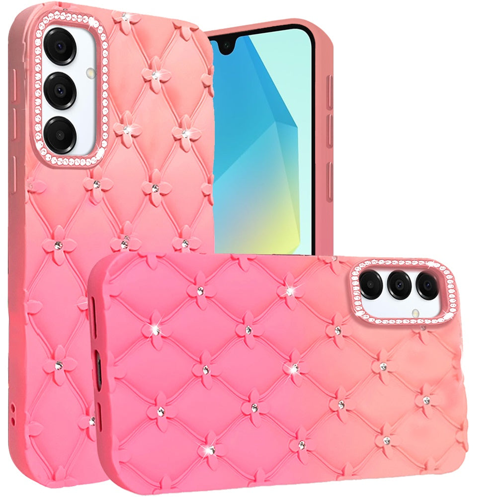 For Samsung Galaxy A16 5G Fashion Flower Design Sparkle Glitter Shimmer Rhinestone Bling Floral Accents, Leather Texture TPU Case Cover