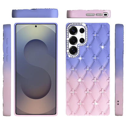For Samsung Galaxy S25 Ultra Fashion Flower Design Sparkle Glitter Shimmer Rhinestone Bling Floral Accents, Leather Texture TPU Case Cover Light Blue/Light Pink