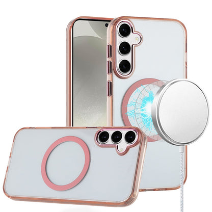 For Samsung Galaxy A37 Transparent Back Hybrid Case - Magnetic Circle, Color Frame, Metal Buttons, MagSafe Compatible Case Cover Rose Gold