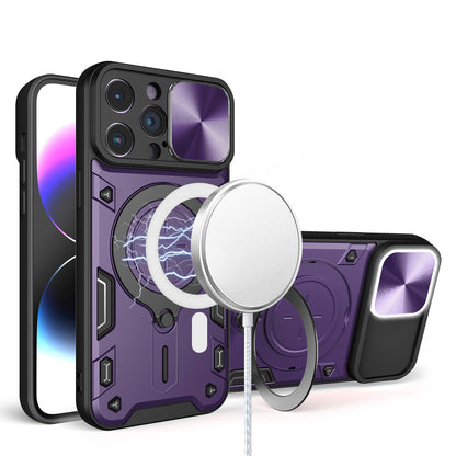 For Apple iPhone 16 Pro Max (6.9") Hybrid Magnetic Circle 360° Ring Kickstand with MagSafe Compatible & Camera lens Protector Case Cover Purple