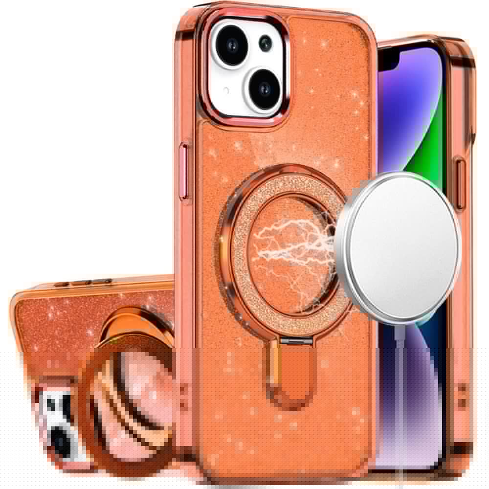 For Apple iPhone 11 Transparent Glitter Bling Case with Rotating Magnetic Ring Stand, Shockproof Hybrid Case Cover Cosmic Orange