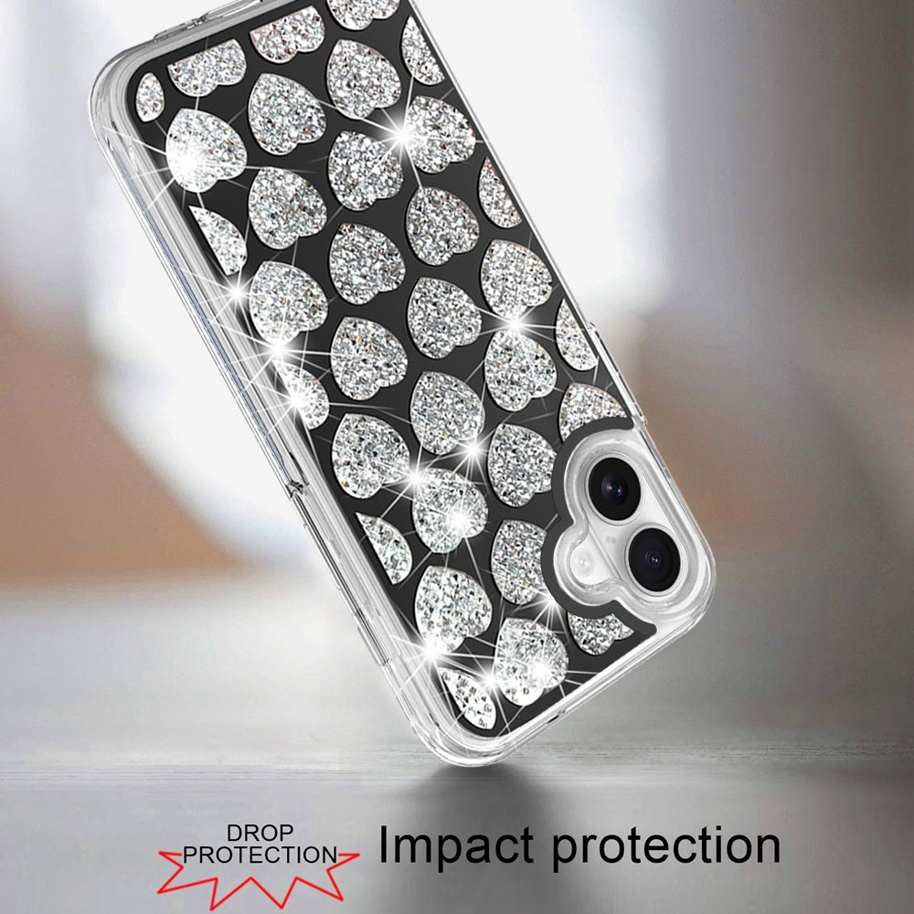 For Apple iPhone 16 Plus (6.7") Sparkly 3D Design Diamond Shockproof Protective Bling Rhinestone Hybrid Skin PC + TPU Case Cover