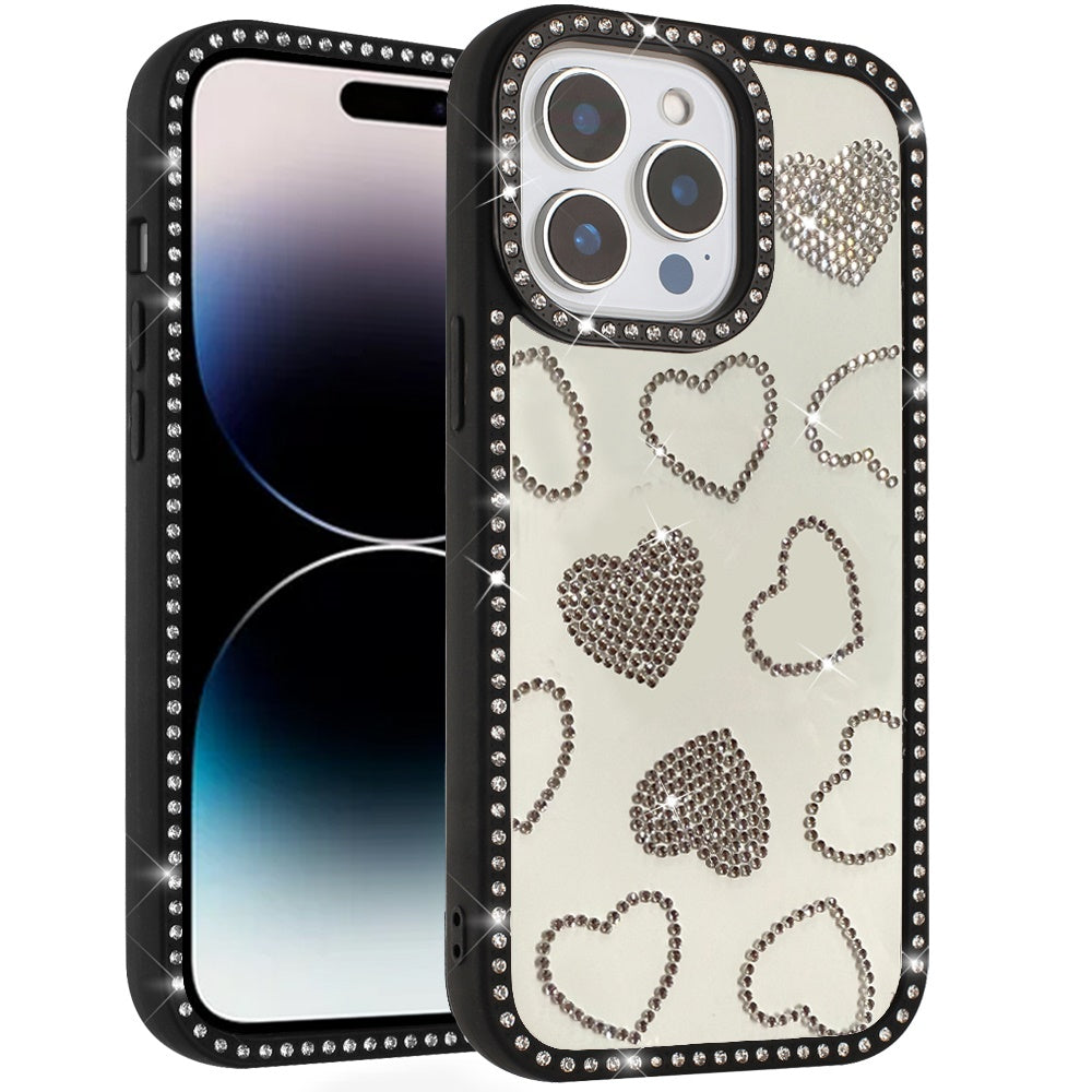 For Apple iPhone 17E /16E Spread Love Glitter Shimmer Bling Diamond Edge Hybrid Drop Protection Shockproof Design Case Cover Black
