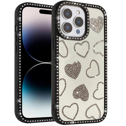 For Apple iPhone 17E /16E Spread Love Glitter Shimmer Bling Diamond Edge Hybrid Drop Protection Shockproof Design Case Cover Black