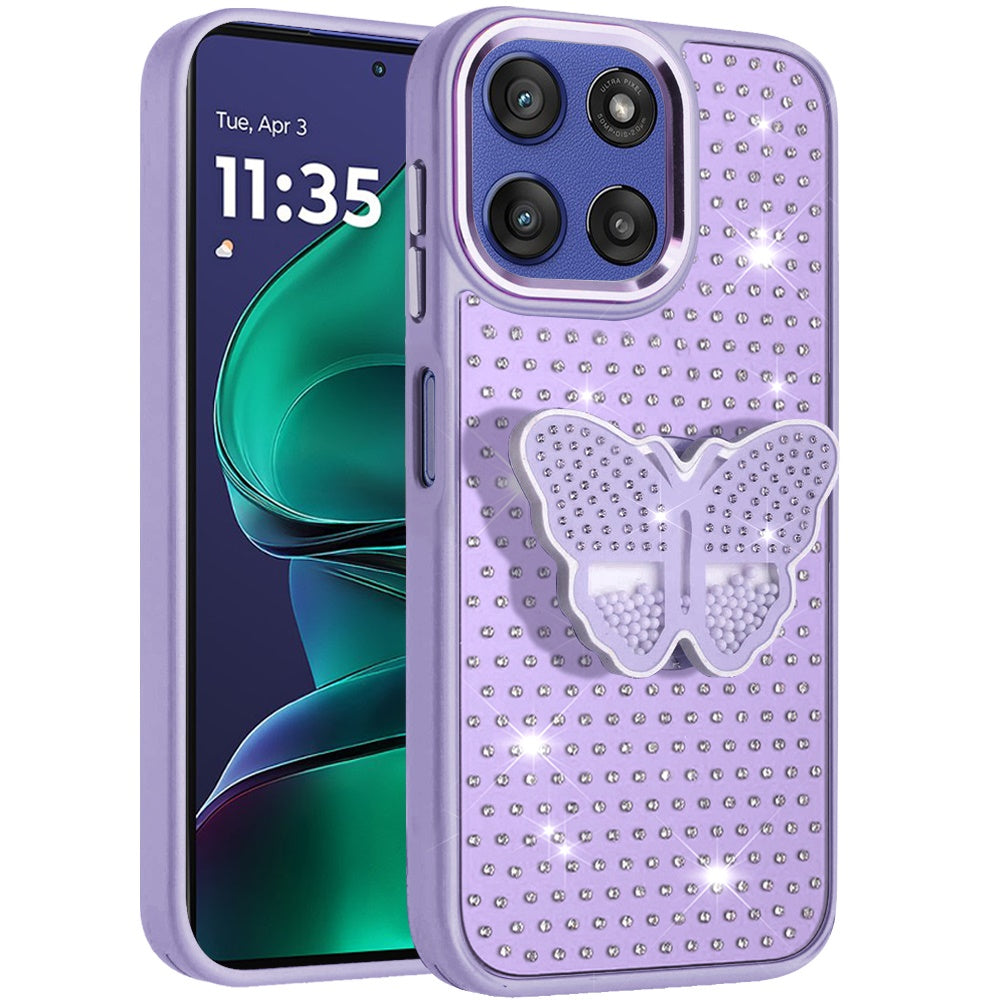 For Motorola Moto G Stylus 5G 2025 Butterfly Moveable Grip 3D Pop Stand Full Diamond Bling Sparkling TPU Fashion Hybrid Case Cover