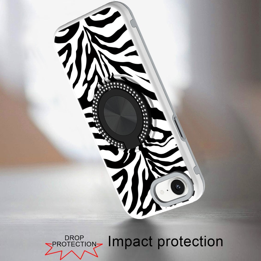 For Apple iPhone 16e Pattern Design Hybrid with Invisible Ring Stand & Magnetic Back, Shockproof Protective Grip Case Cover Zebra