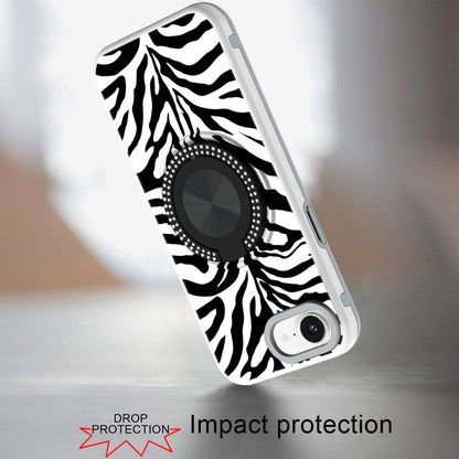 For Apple iPhone 16e Pattern Design Hybrid with Invisible Ring Stand & Magnetic Back, Shockproof Protective Grip Case Cover Zebra