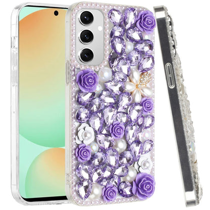 For Samsung Galaxy S24 Fan Edition /Galaxy S24 FE Fashion Rose Flower Floral Bling Crystal 3D Full Diamonds Pearl Sparkle Rhinestone Glitter Hybrid Case Cover Purple