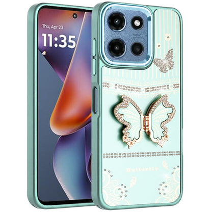 Phone Case for Motorola Moto G 5G 2026 / 2025 Glitter Bling Butterfly Stand Metallic Edge Hybrid Shockproof Grip Durable Camera Protection Stylish Design Cover Teal