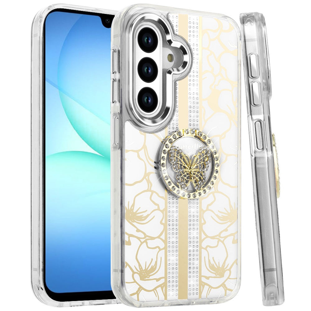 For Samsung Galaxy A17 5G Diamonds 3D Butterfly Floral Design Bling Sparkly Glitter Hybrid Metal Fashion with Ring Stand Case Cover