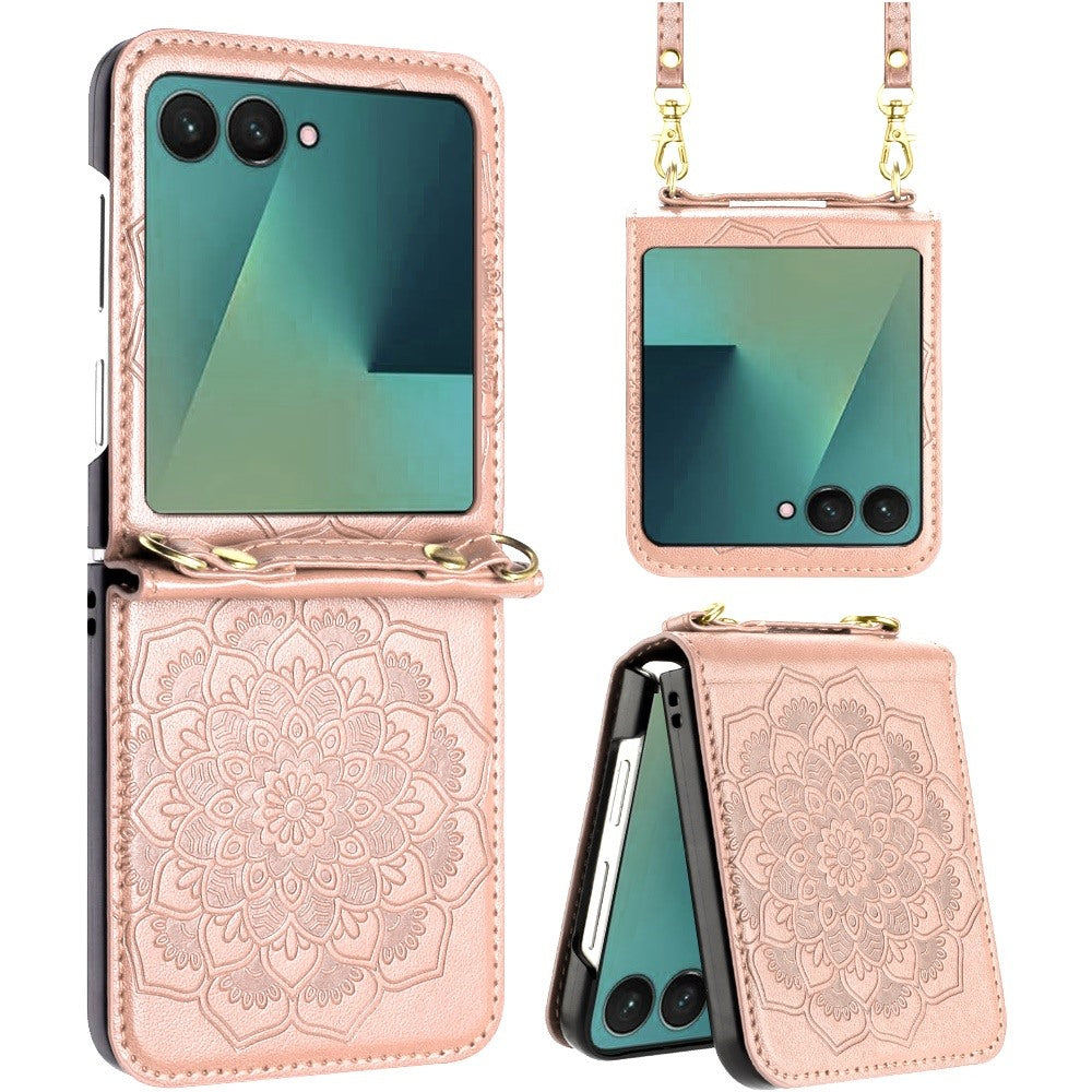 For Samsung Galaxy Z Flip 7 Embossed Floral PU Leather Henna Mandala Design Flip Cover with Strap, Hybrid Protective Case Cover