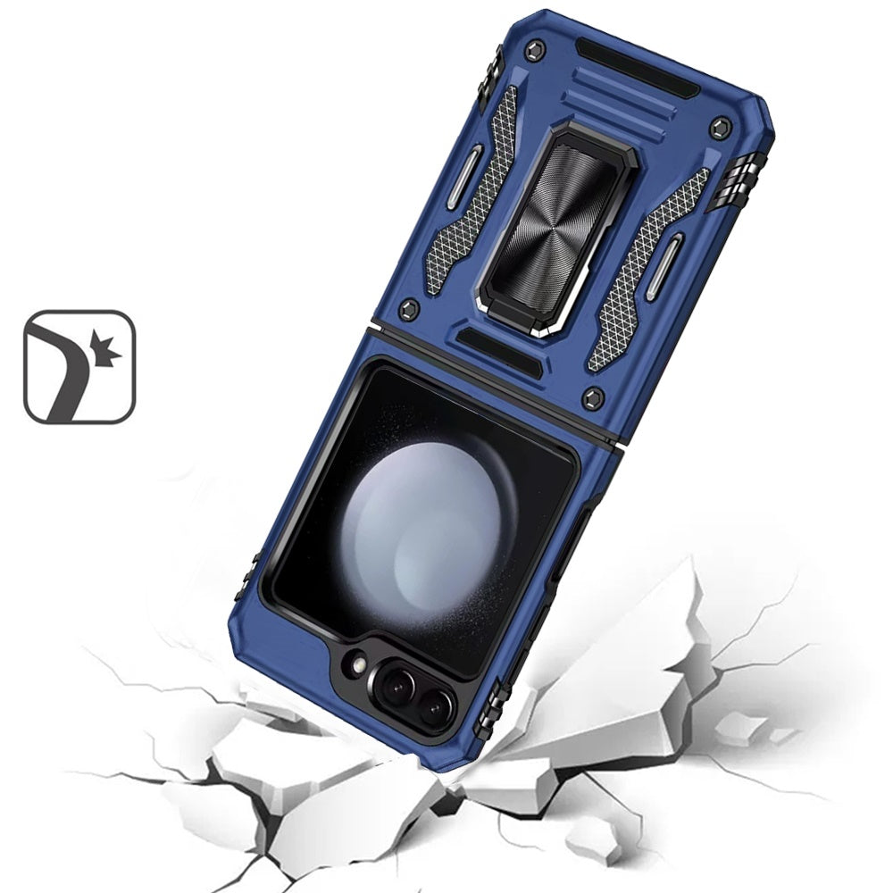 For Samsung Galaxy Z Flip 7 FE Tough Hybrid Case with Movable Camera Window & Metal Ring Stand Shockproof Case Cover Blue