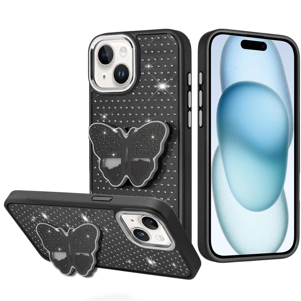 For Samsung Galaxy A37 Butterfly Moveable Grip 3D Pop Stand Full Diamond Bling Sparkling TPU Fashion Hybrid Case Cover