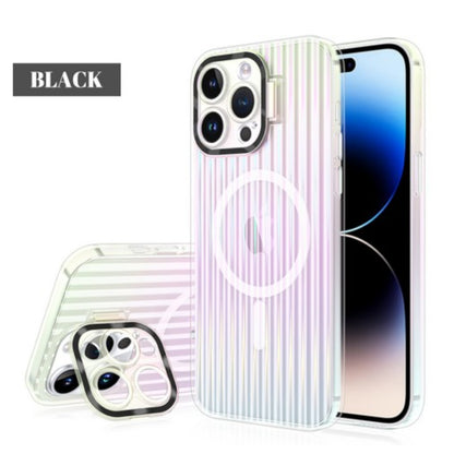 For Apple iPhone 15 (6.1") Built-in Camera Kickstand Clip Shockproof Iridescent Holographic Colorful TPU Slim Protective  Phone Case Cover