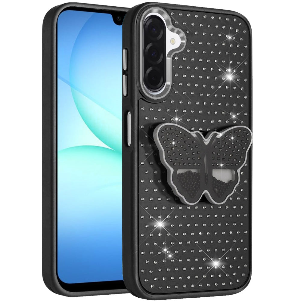 For Samsung Galaxy A17 5G Butterfly Moveable Grip 3D Pop Stand Full Diamond Bling Sparkling TPU Fashion Hybrid Case Cover