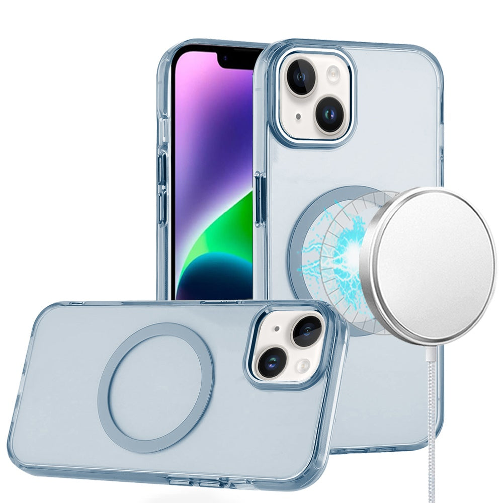 Phone Case for Apple iPhone 14/13 Magnetic Clear Acrylic Metal Button Camera Guard Shockproof Transparent Slim Grip Premium Hybrid Cover Light Blue