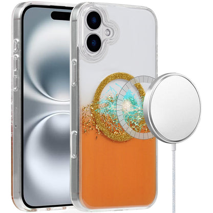 For Apple iPhone 16 (6.1") Premium Transparent Epoxy Glitter Bling Magnetic Circle Compatible with MagSafe Hybrid Sparkle Slim TPU Case Cover