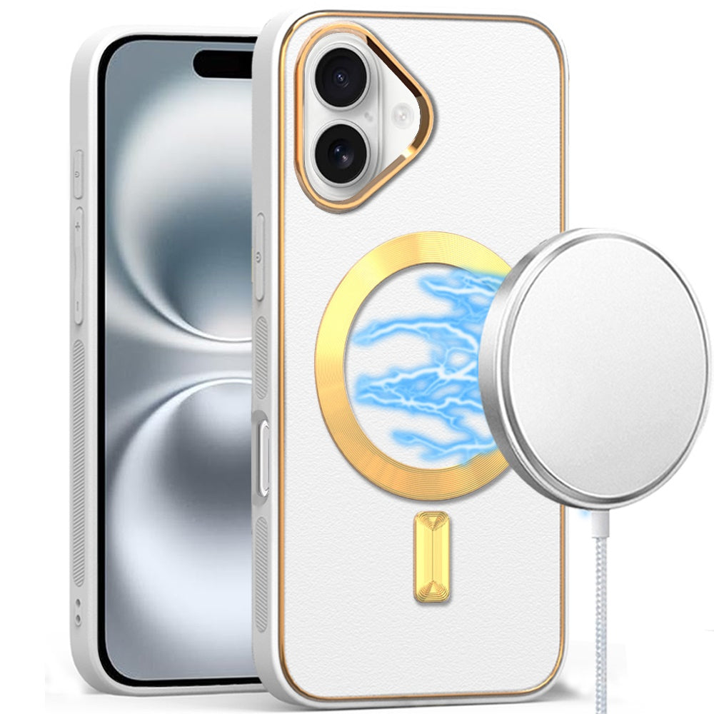 For Apple iPhone 16 Plus (6.7") PU Leather Magnetic Case Slim Protective Cover with MagSafe Compatibility Hard PC Gold Frame Protection Case Cover