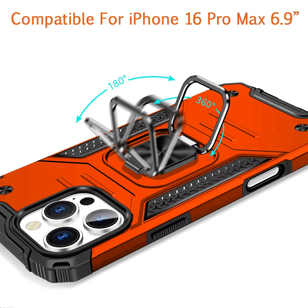 For iPhone 16 Pro Max (6.9") Armor Hybrid Magnetic Stand with Ring Holder Kickstand Shockproof Heavy-Duty Durable Rugged TPU Dual Layer Case Cover Cosmic Orange