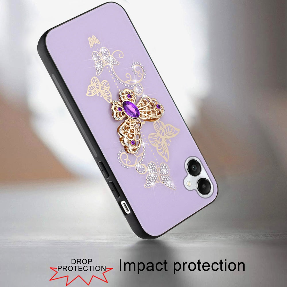 For Samsung Galaxy A06 Diamonds 3D Butterfly Bling Sparkly Glitter Ornaments Engraving Hybrid Metal Fashion Case Cover Purple Garden Butterflies