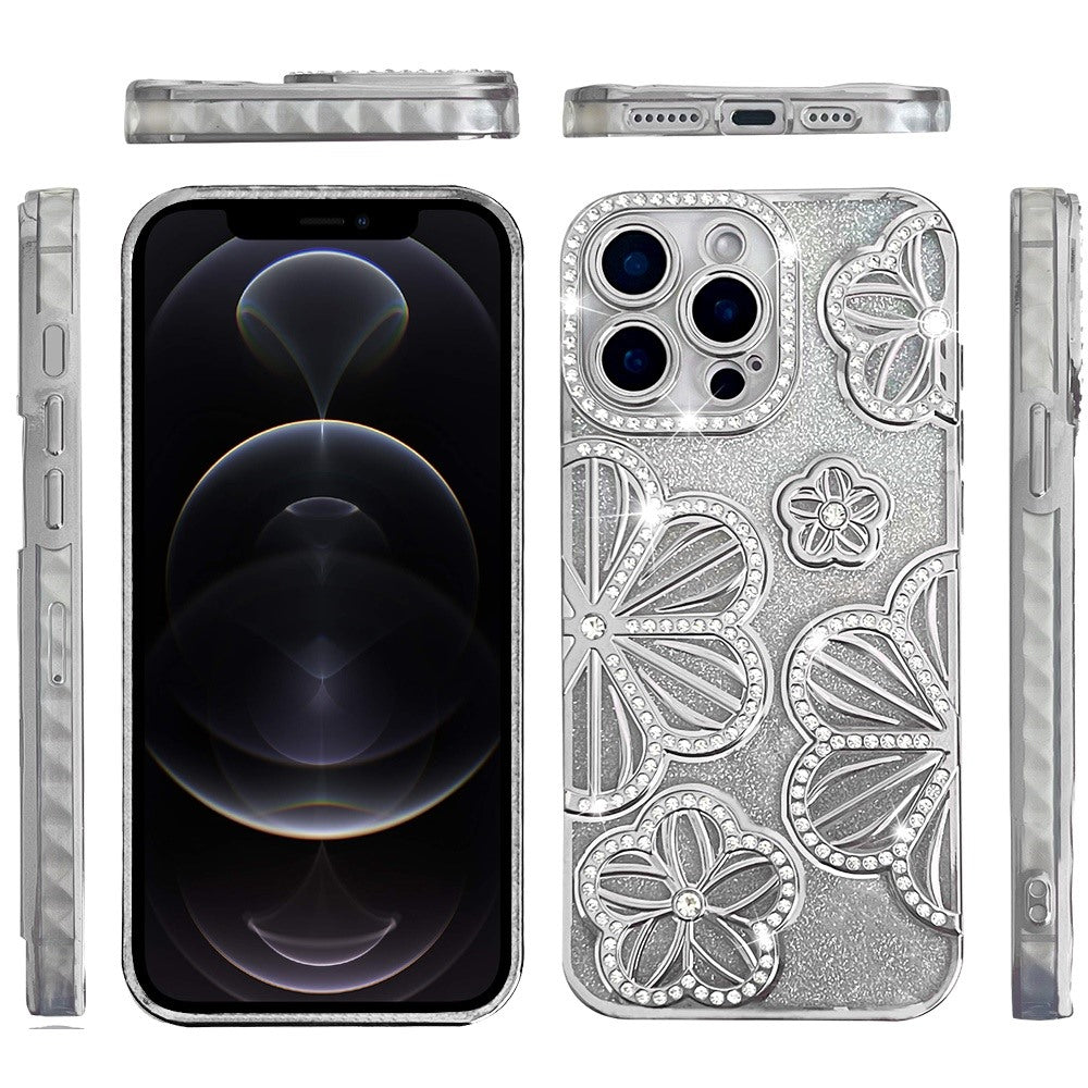 Luxury Flower Design Sparkle Glitter Diamond Rhinestone Shimmer Bling Plating Thick TPU Hard PC